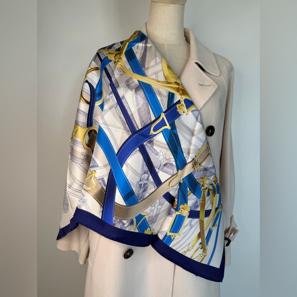 Hermès Silk Scarf 90 Blue & Gold Equestrian Print BNWT